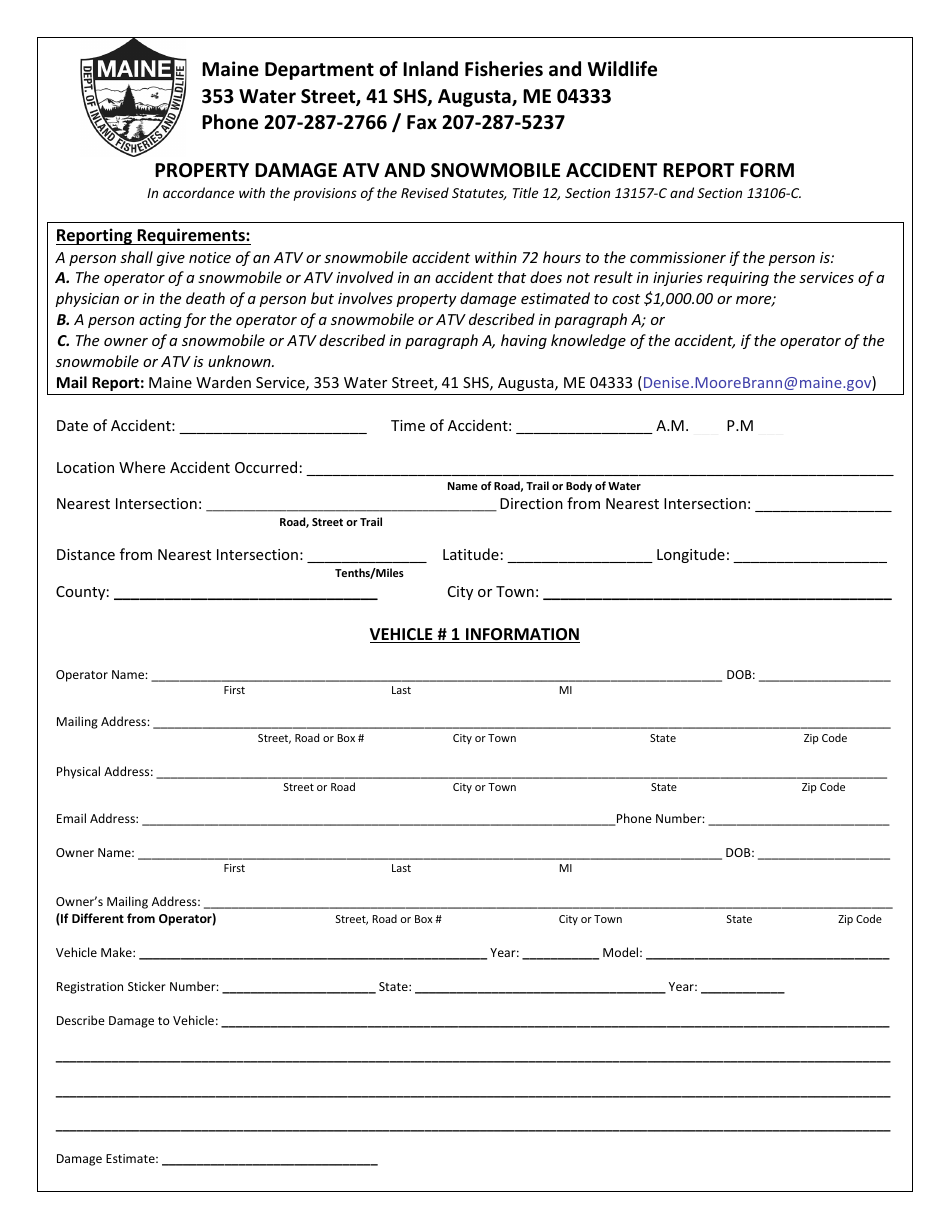 Property Damage Atv and Snowmobile Accident Report Form - Maine, Page 1