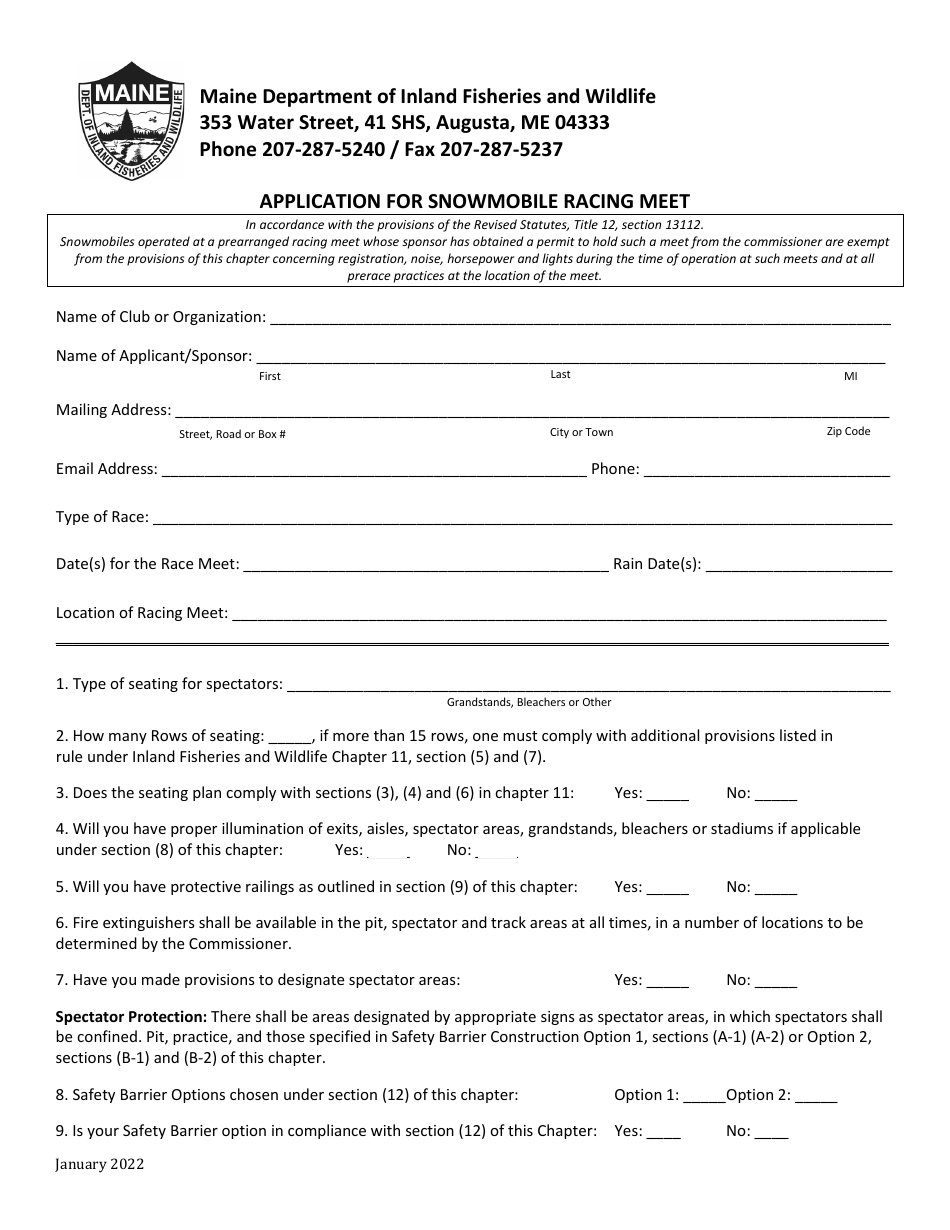 Application for Snowmobile Racing Meet - Maine, Page 1