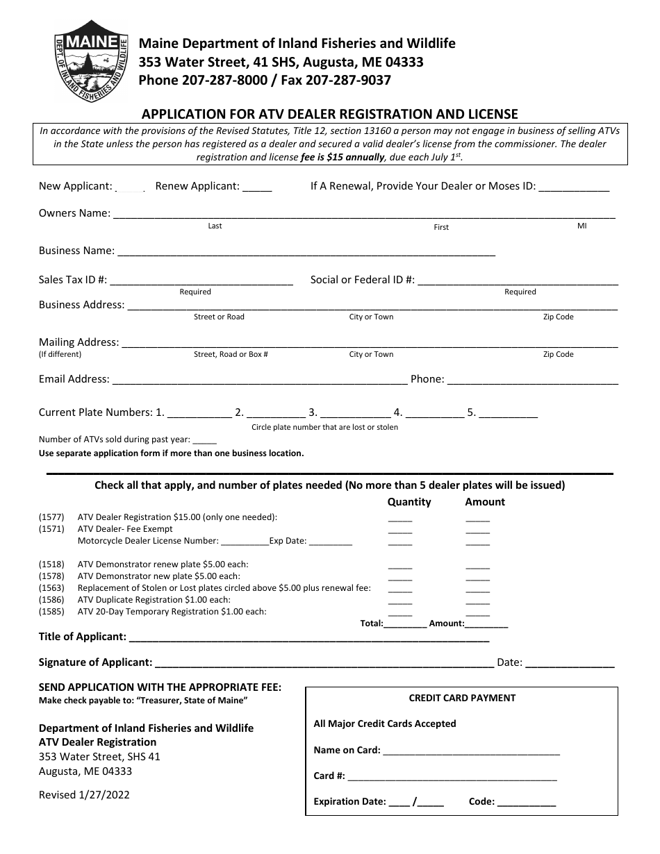 Application for Atv Dealer Registration and License - Maine, Page 1