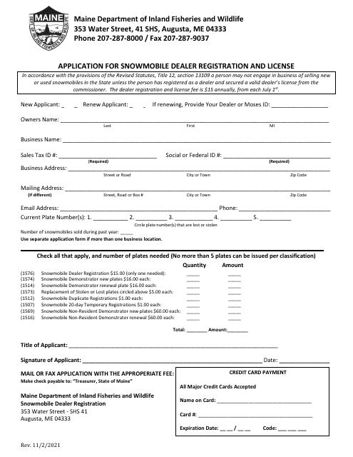 Application for Snowmobile Dealer Registration and License - Maine Download Pdf