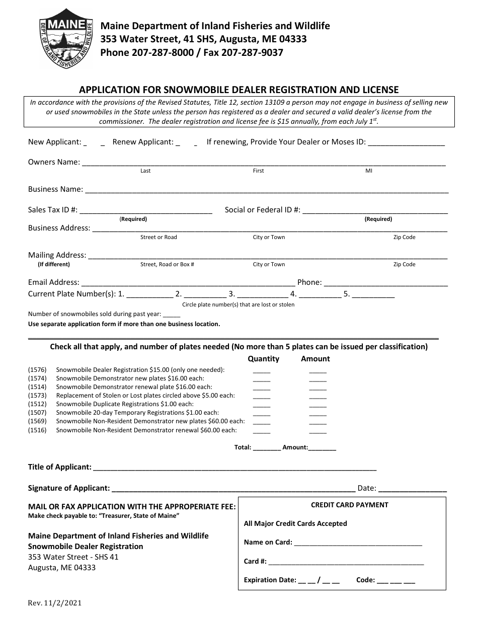 Maine Application for Snowmobile Dealer Registration and License