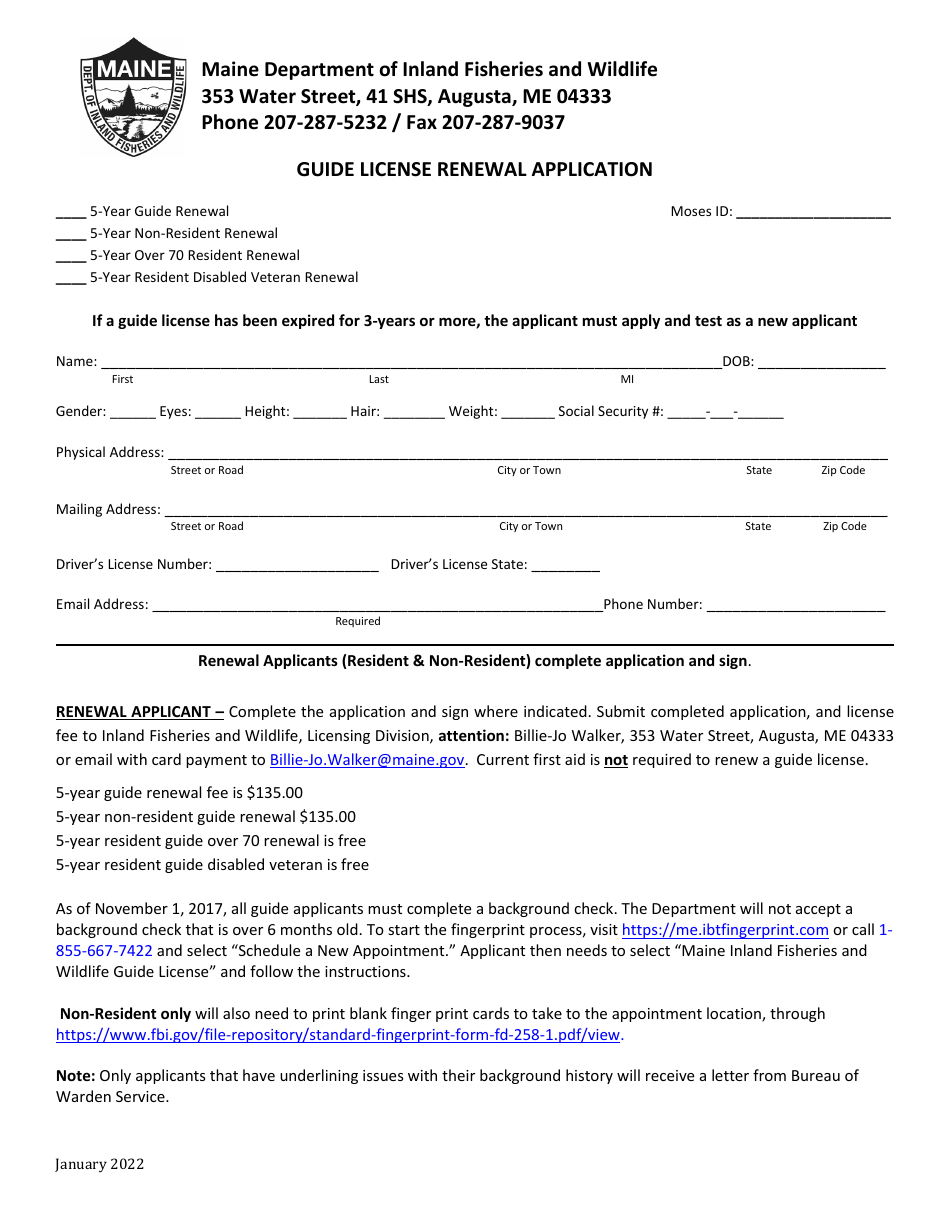 Guide License Renewal Application - Maine, Page 1