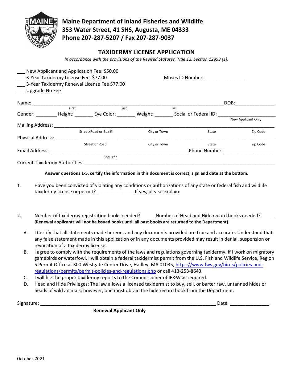 Taxidermy License Application - Maine, Page 1