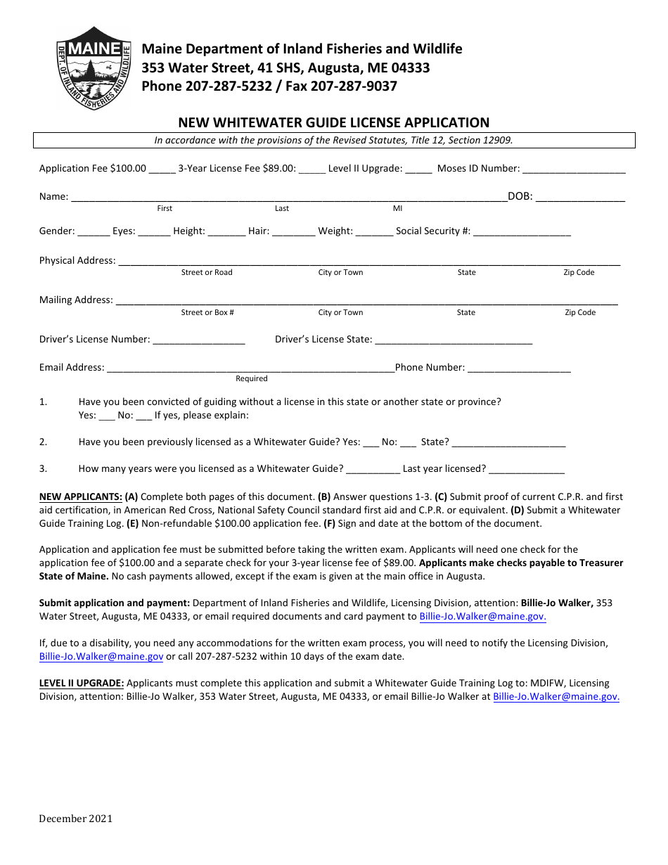 New Whitewater Guide License Application - Maine, Page 1