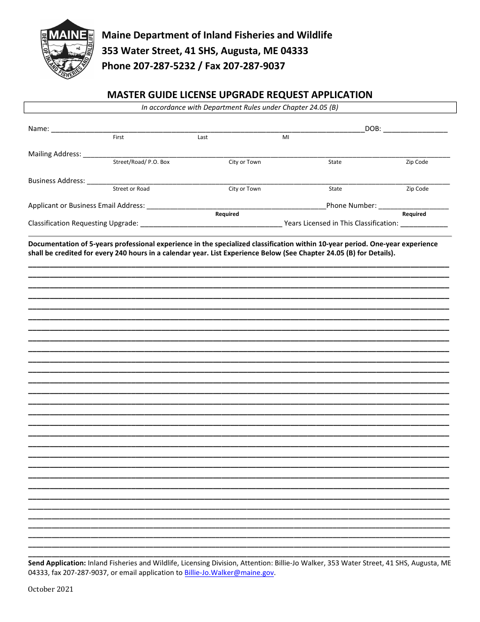 Master Guide License Upgrade Request Application - Maine, Page 1
