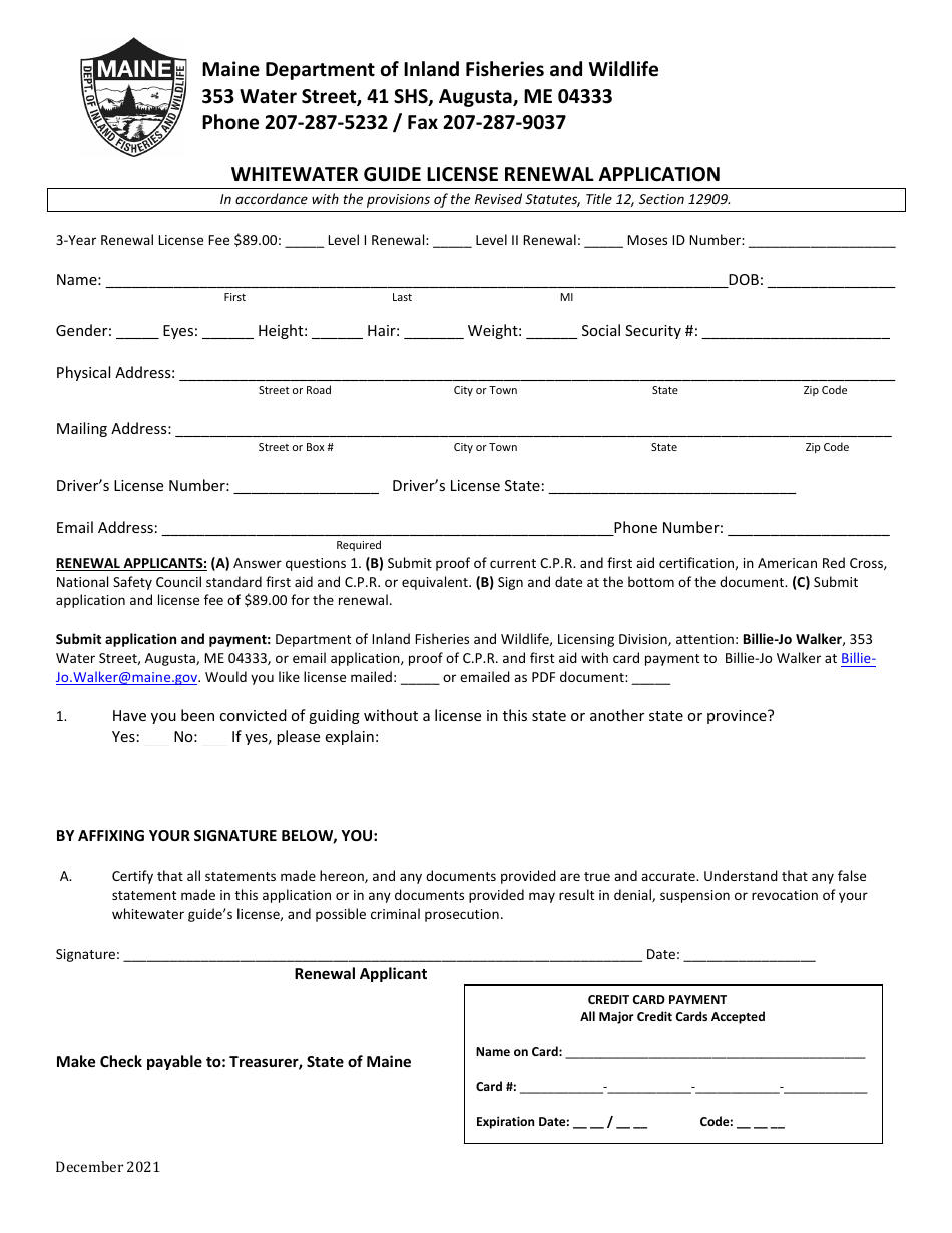 Whitewater Guide License Renewal Application - Maine, Page 1
