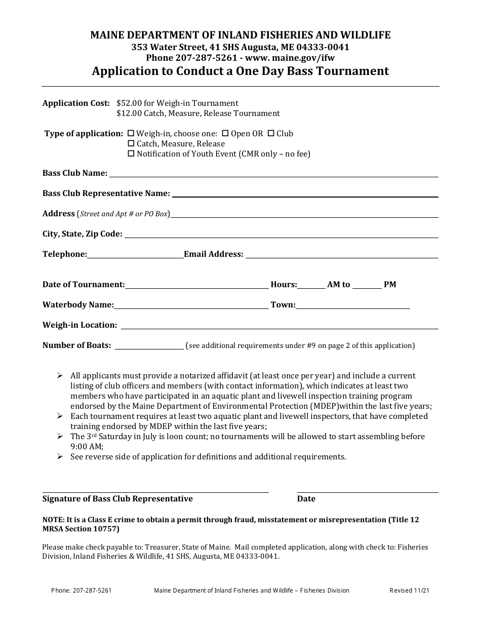 Application to Conduct a One Day Bass Tournament - Maine, Page 1