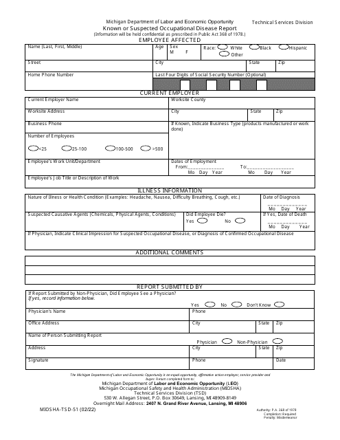 Form MIOSHA-TSD-51 Known or Suspected Occupational Disease Report - Michigan