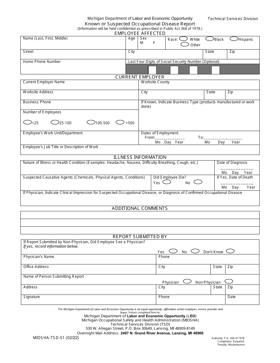 Form MIOSHA-TSD-51 Known or Suspected Occupational Disease Report - Michigan, Page 1