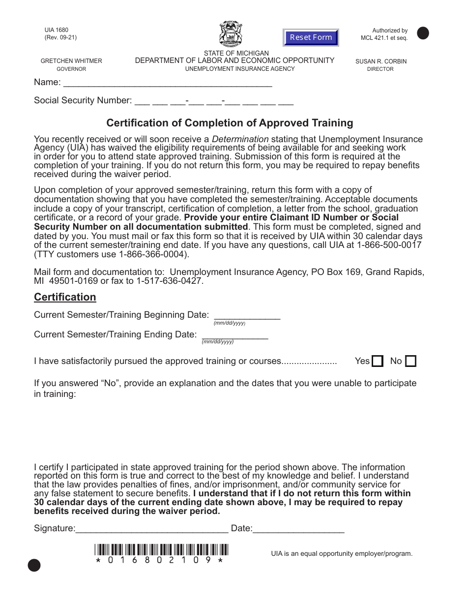 Form UIA1680 Certification of Completion of Approved Training - Michigan, Page 1