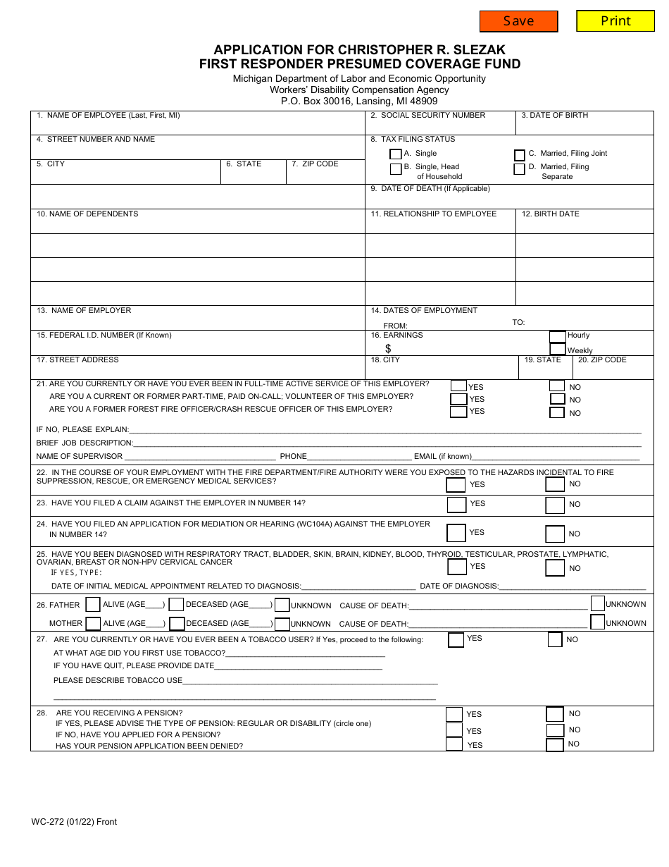 Form WC-272 Application for Christopher R. Slezak First Responder Presumed Coverage Fund - Michigan, Page 1