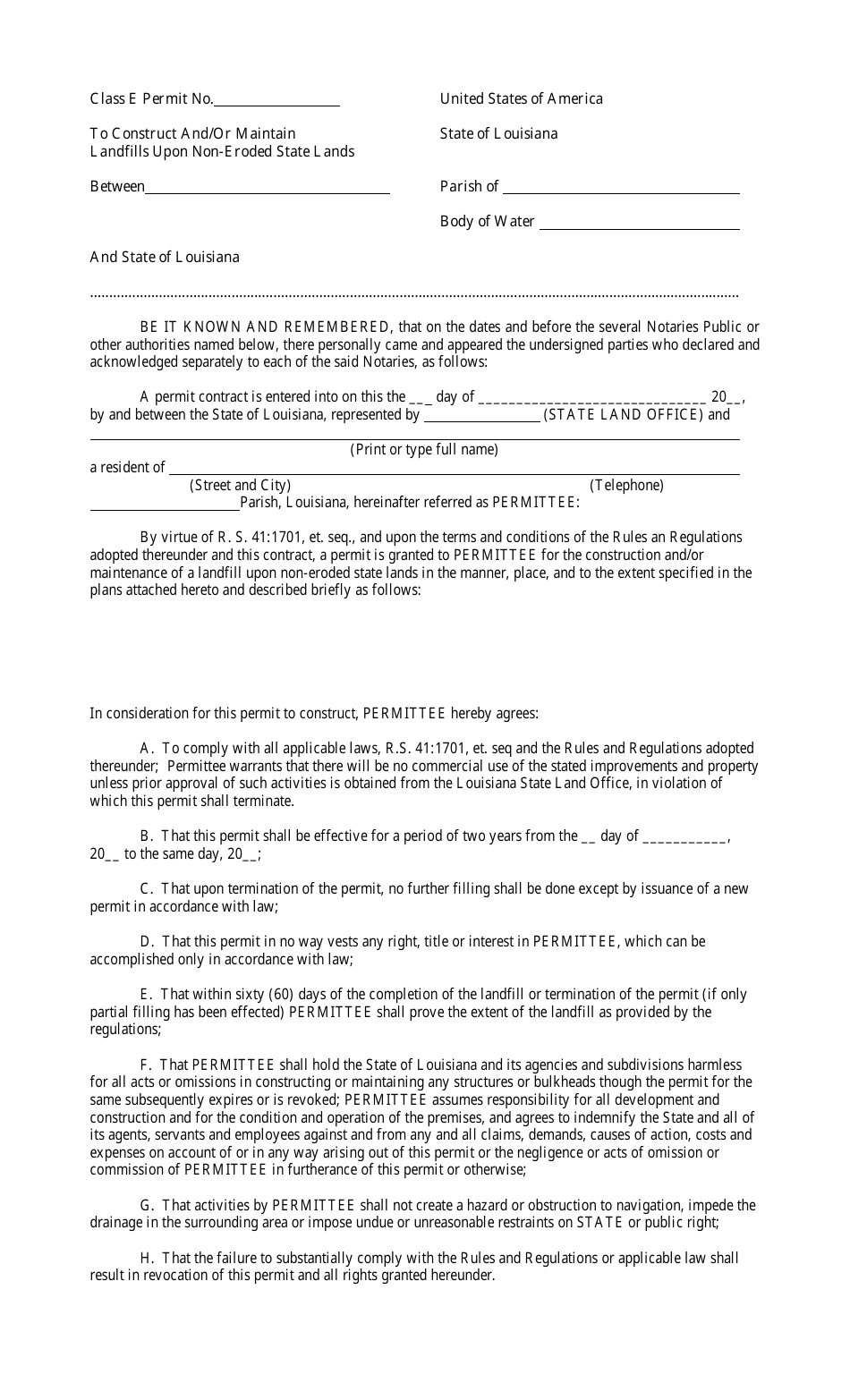 Class E Permit to Construct and / or Maintain Landfills Upon Non-eroded State Lands - Louisiana, Page 1