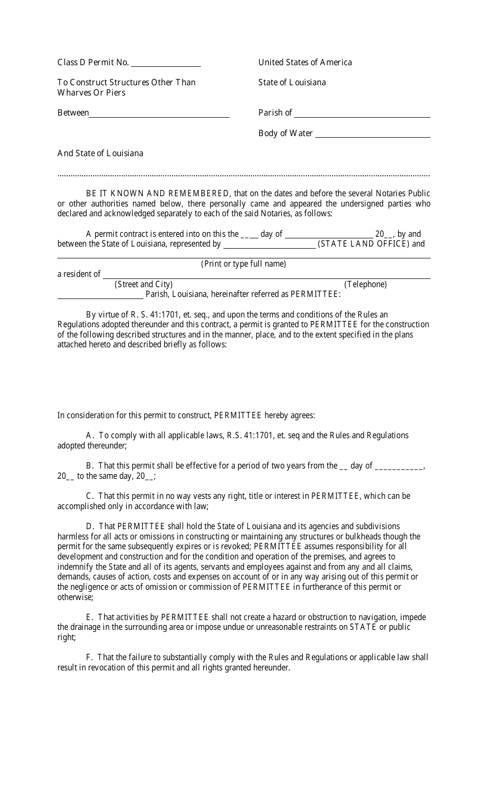Class D Permit to Construct Structures Other Than Wharves or Piers - Louisiana, Page 1