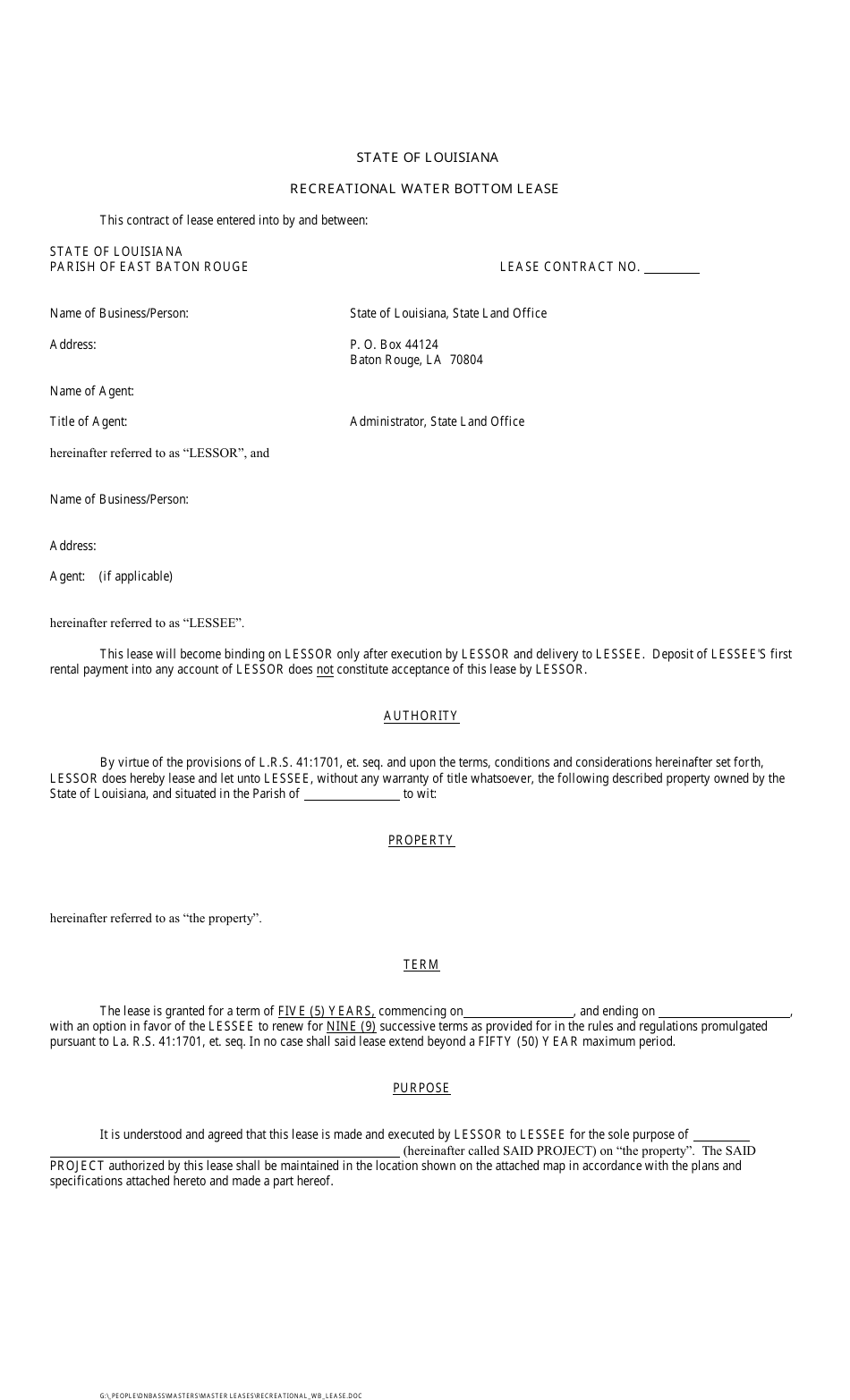 Louisiana Recreational Water Bottom Lease Fill Out, Sign Online and