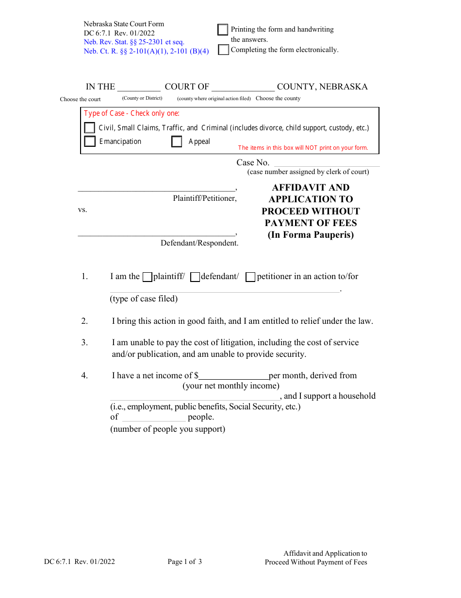 Form DC6:7.1 Affidavit and Application to Proceed Without Payment of Fees (In Forma Pauperis) - Nebraska, Page 1