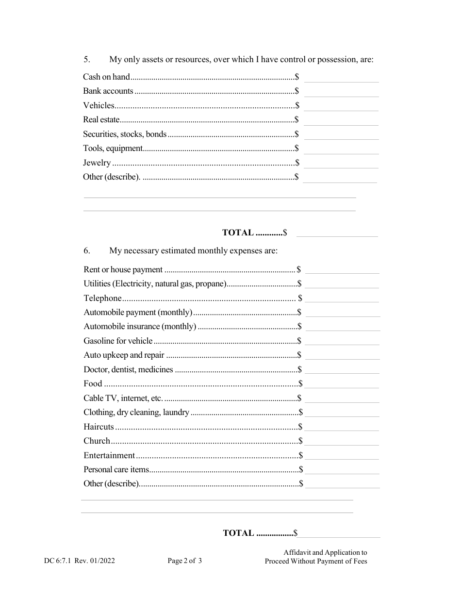 Form DC6:7.1 Affidavit and Application to Proceed Without Payment of Fees (In Forma Pauperis) - Nebraska, Page 2
