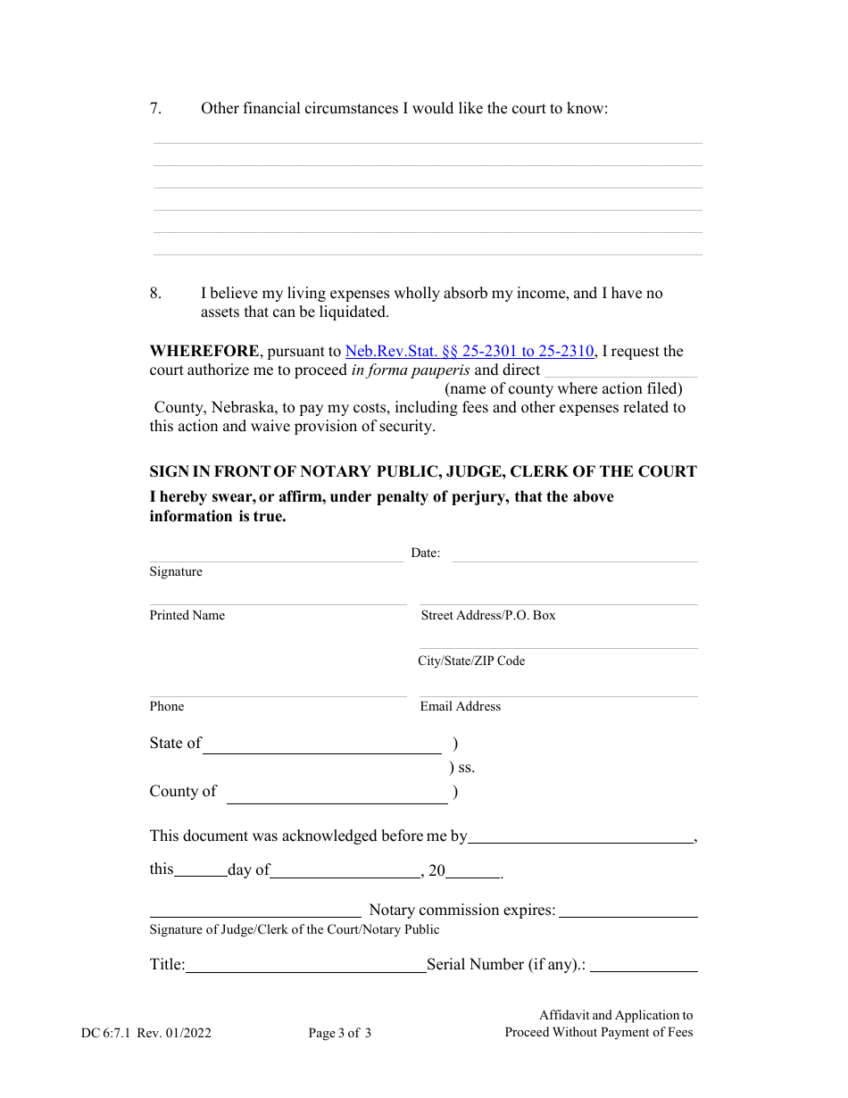 Form DC6:7.1 Affidavit and Application to Proceed Without Payment of Fees (In Forma Pauperis) - Nebraska, Page 3