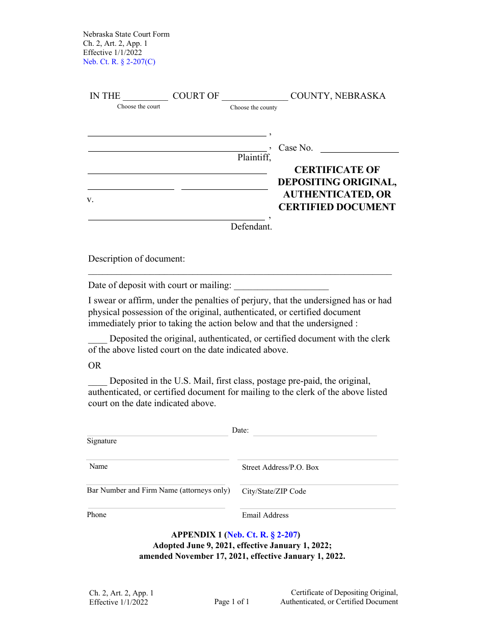 Form CH2ART2 Appendix 1 Certificate of Depositing Original, Authenticated, or Certified Document - Nebraska, Page 1