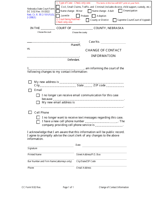 Form DC3:02 Change of Contact Information - Nebraska