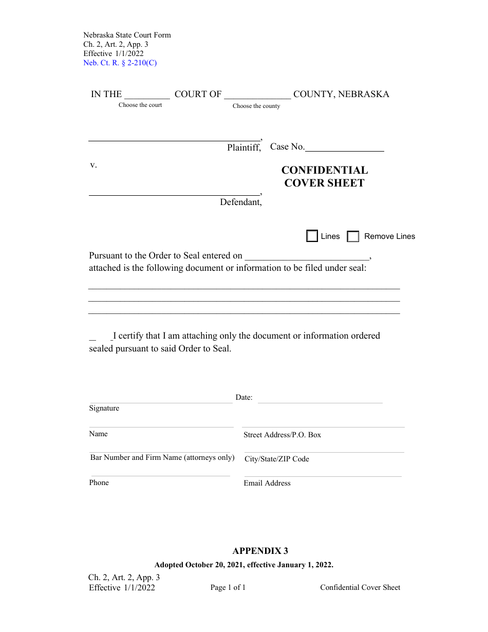 Form CH2ART2 Appendix 3 Confidential Cover Sheet - Nebraska, Page 1