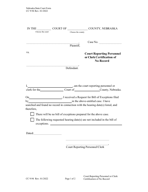 Form CC9:94 Court Reporting Personnel or Clerk Certification of No Record - Nebraska