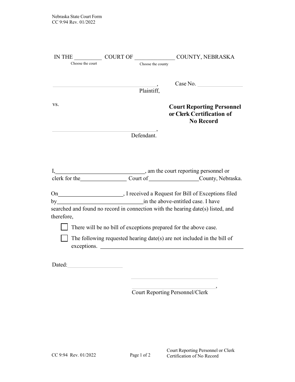 Form CC9:94 Court Reporting Personnel or Clerk Certification of No Record - Nebraska, Page 1