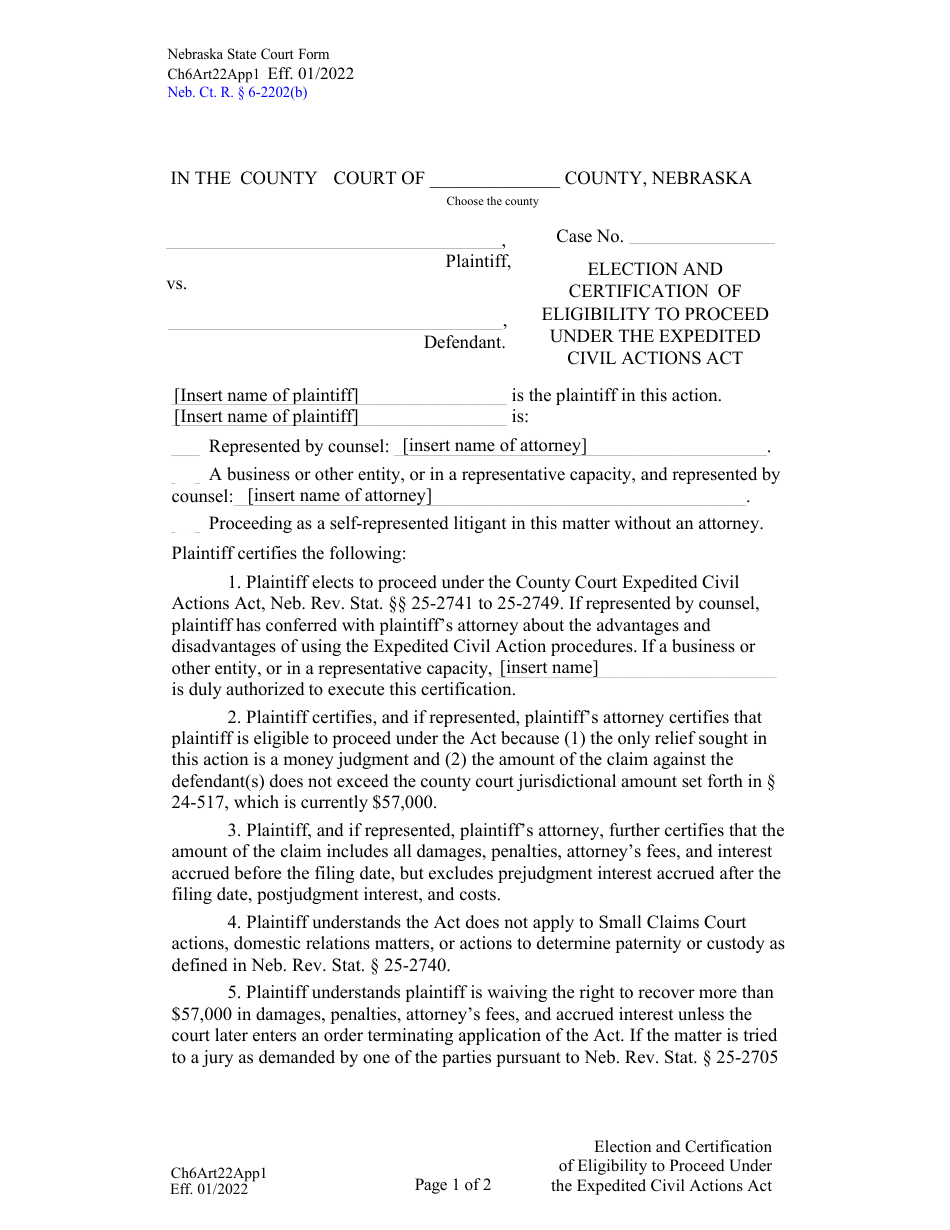 Form CH6ART22APP1 Election and Certification of Eligibility to Proceed Under the Expedited Civil Actions Act - Nebraska, Page 1
