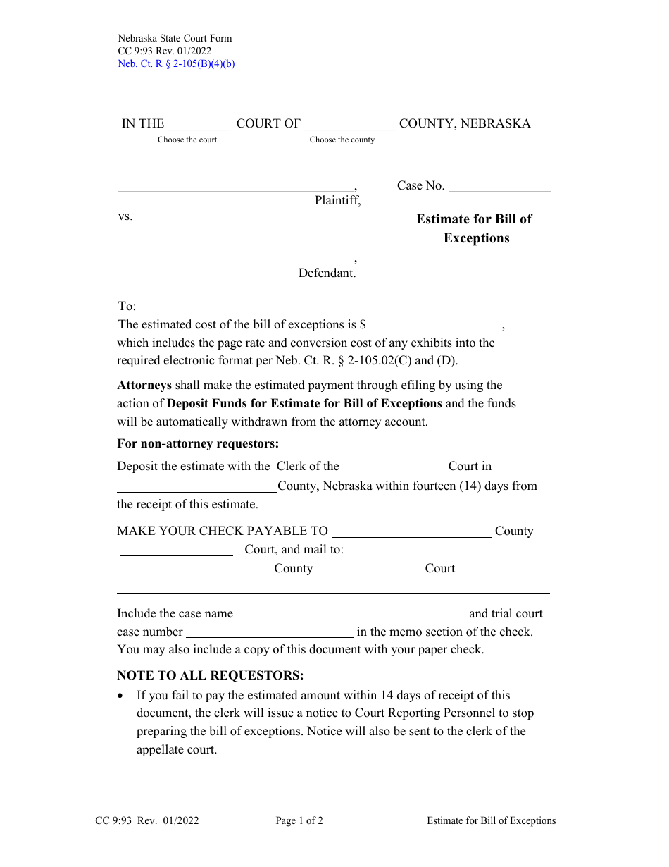 Form CC9:93 Estimate for Bill of Exceptions - Nebraska, Page 1