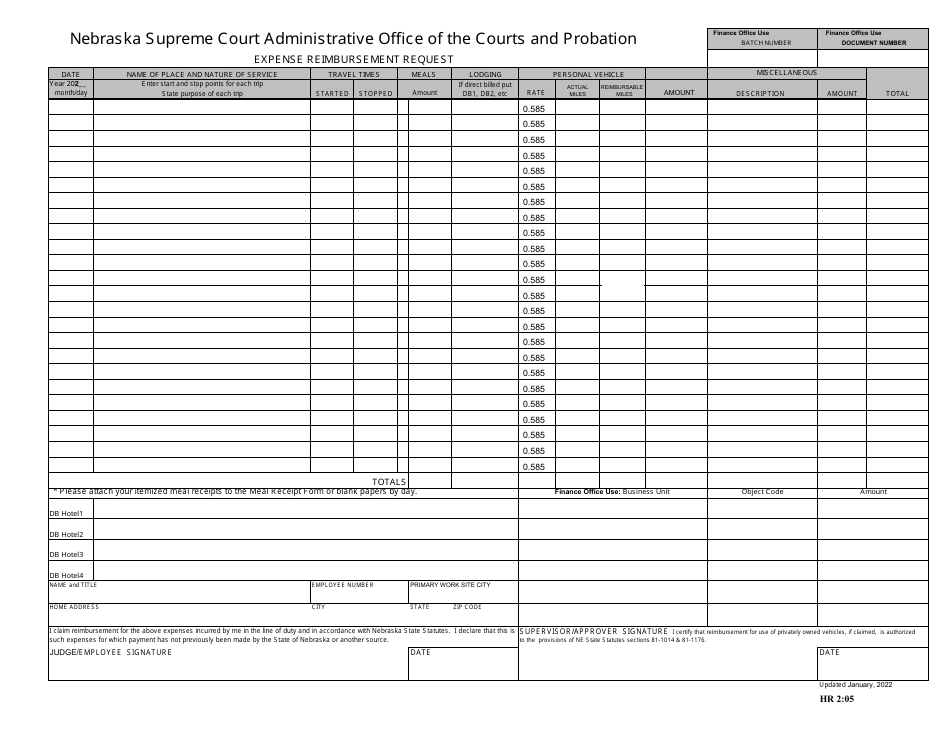 Form HR2:05 Expense Reimbursement Request - Nebraska, Page 1