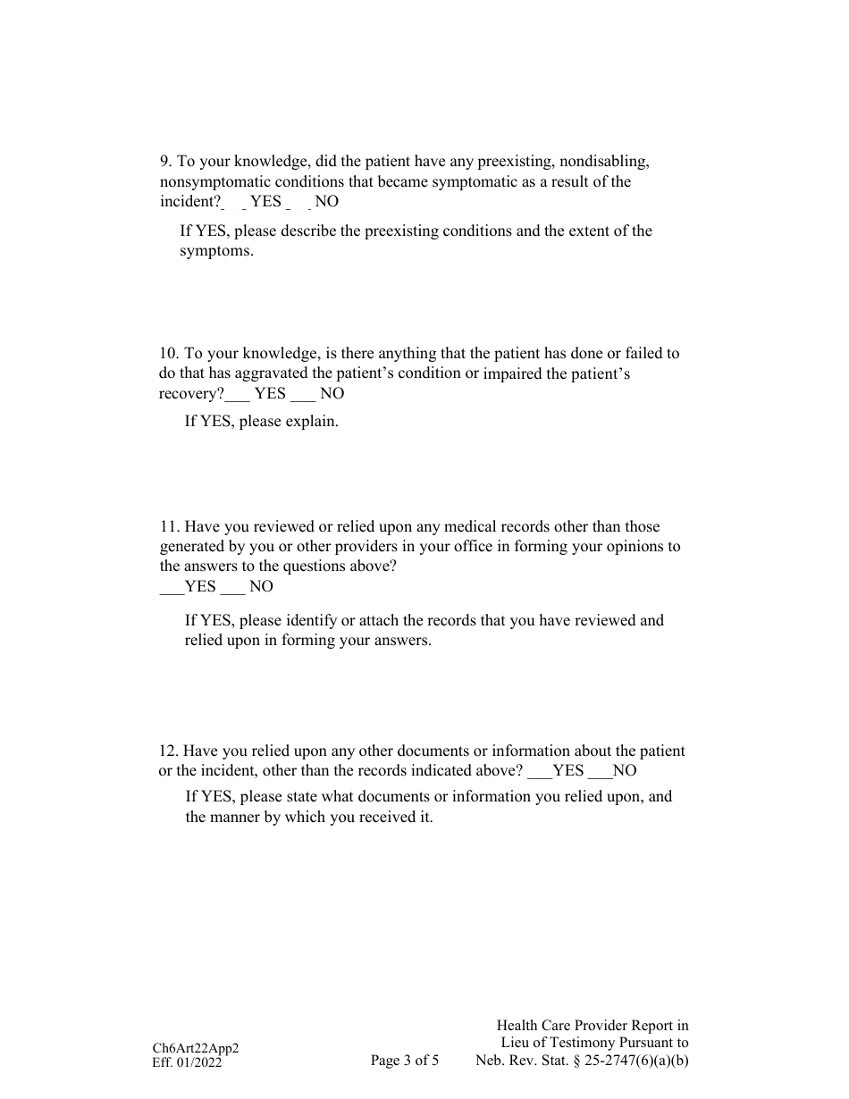 Form CH6ART22APP2 Health Care Provider Report in Lieu of Testimony Pursuant to Neb. Rev. Stat. 25-2747(6)(A)(B) - Nebraska, Page 3