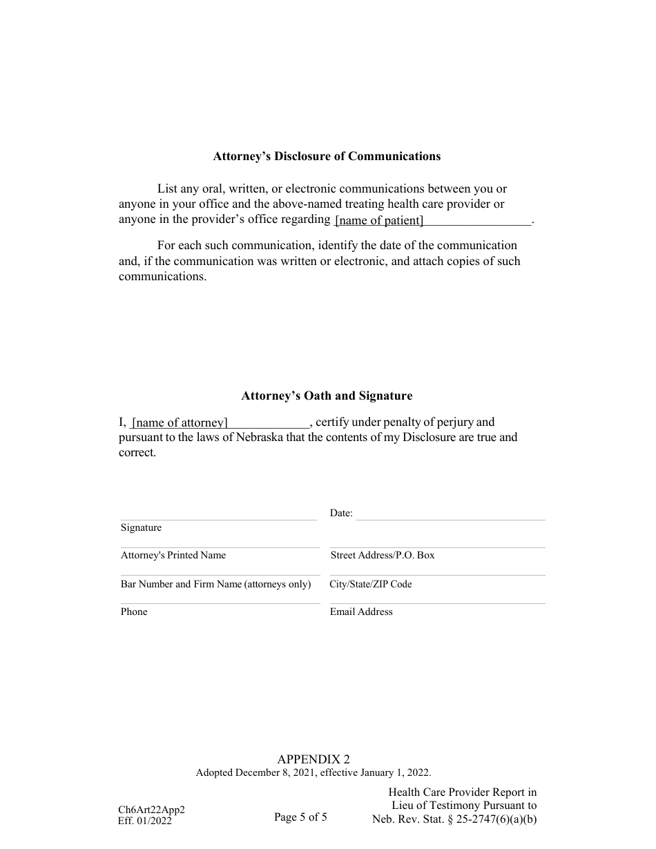 Form CH6ART22APP2 Health Care Provider Report in Lieu of Testimony Pursuant to Neb. Rev. Stat. 25-2747(6)(A)(B) - Nebraska, Page 5