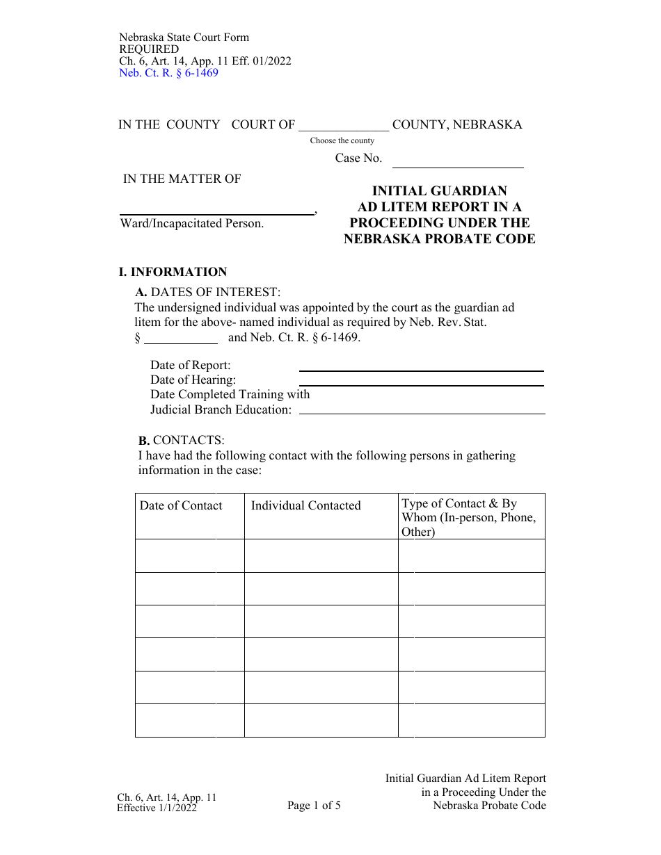 Form CH6ART14APP11 Initial Guardian Ad Litem Report in a Proceeding Under the Nebraska Probate Code - Nebraska, Page 1