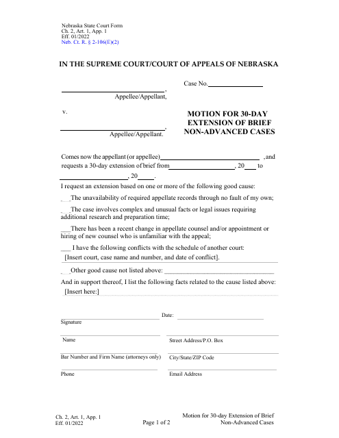 Form CH2ART1APP1 Motion for 30-day Extension of Brief Non-advanced Cases - Nebraska