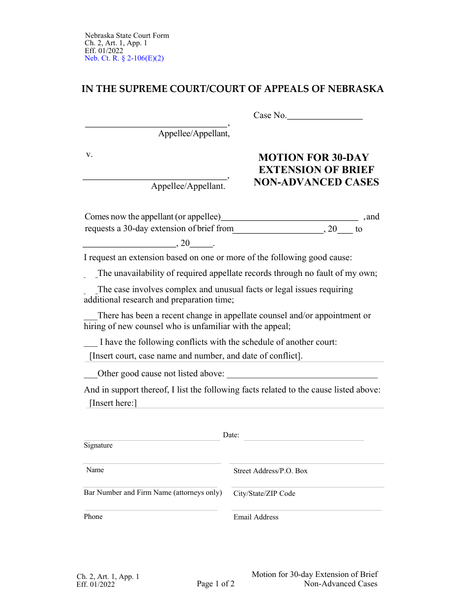 Form CH2ART1APP1 Motion for 30-day Extension of Brief Non-advanced Cases - Nebraska, Page 1