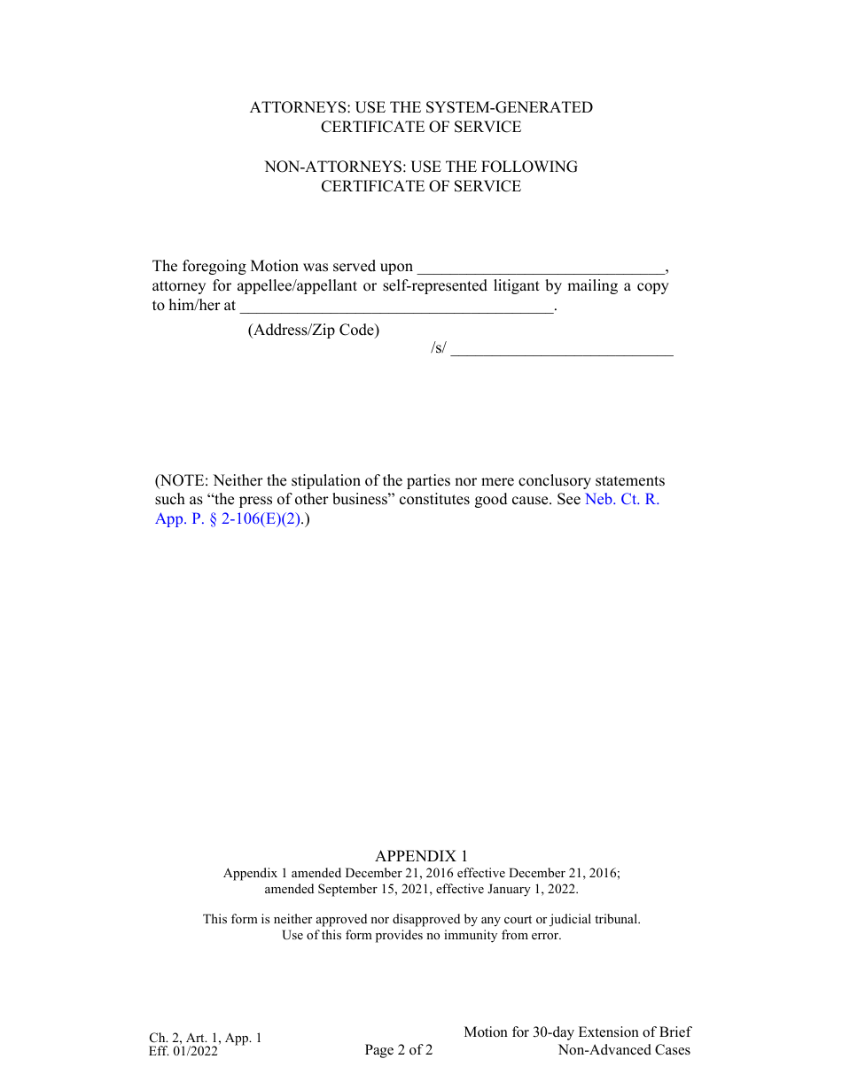 Form CH2ART1APP1 Motion for 30-day Extension of Brief Non-advanced Cases - Nebraska, Page 2