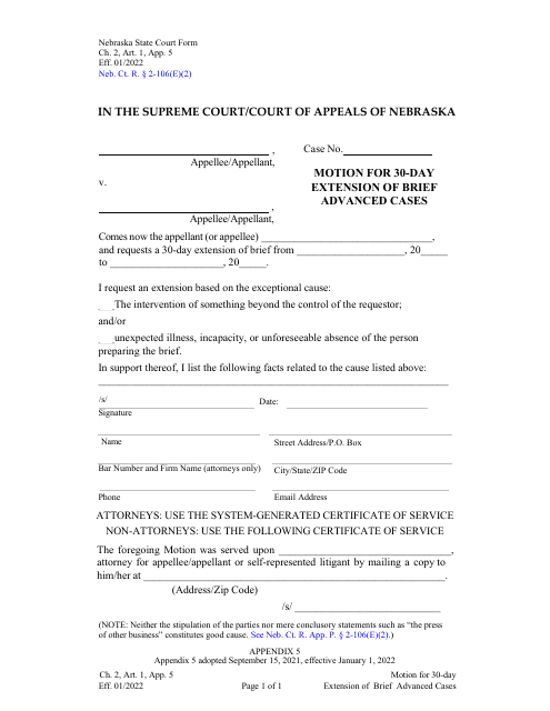 Form CH2ART1APP5 Motion for 30-day Extension of Brief Advanced Cases - Nebraska