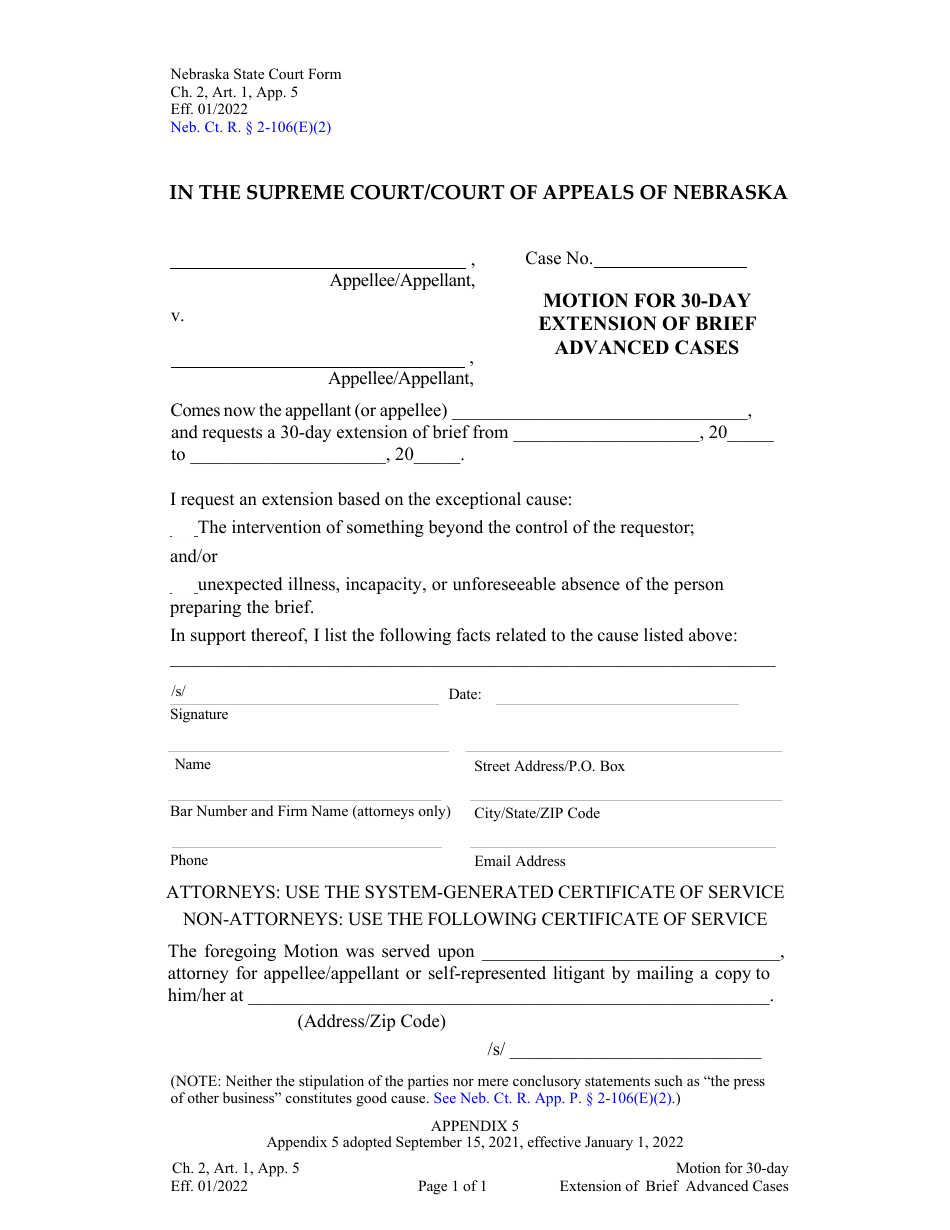 Form CH2ART1APP5 Motion for 30-day Extension of Brief Advanced Cases - Nebraska, Page 1