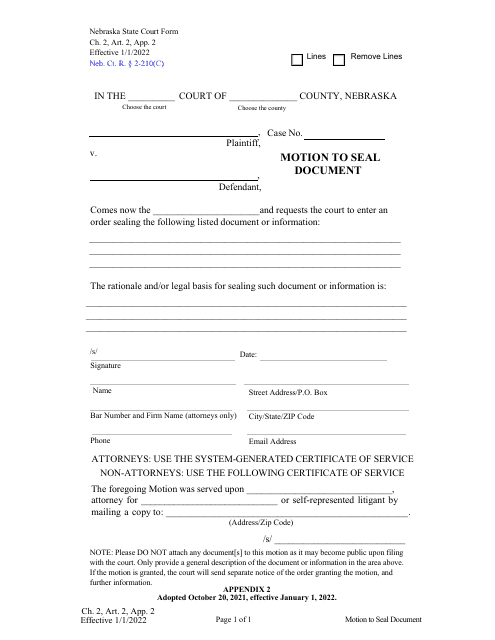 Form CH2ART2 Appendix 2 Motion to Seal Document - Nebraska