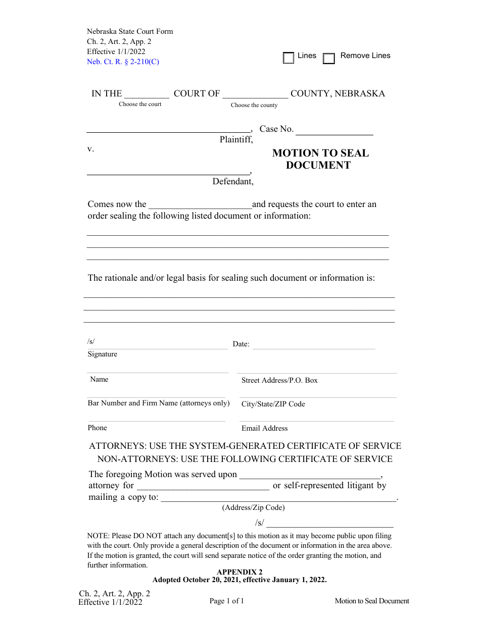 Form CH2ART2 Appendix 2 Motion to Seal Document - Nebraska, Page 1