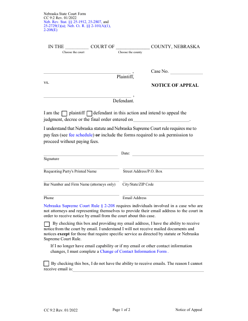 Form CC9:2 Notice of Appeal - Nebraska