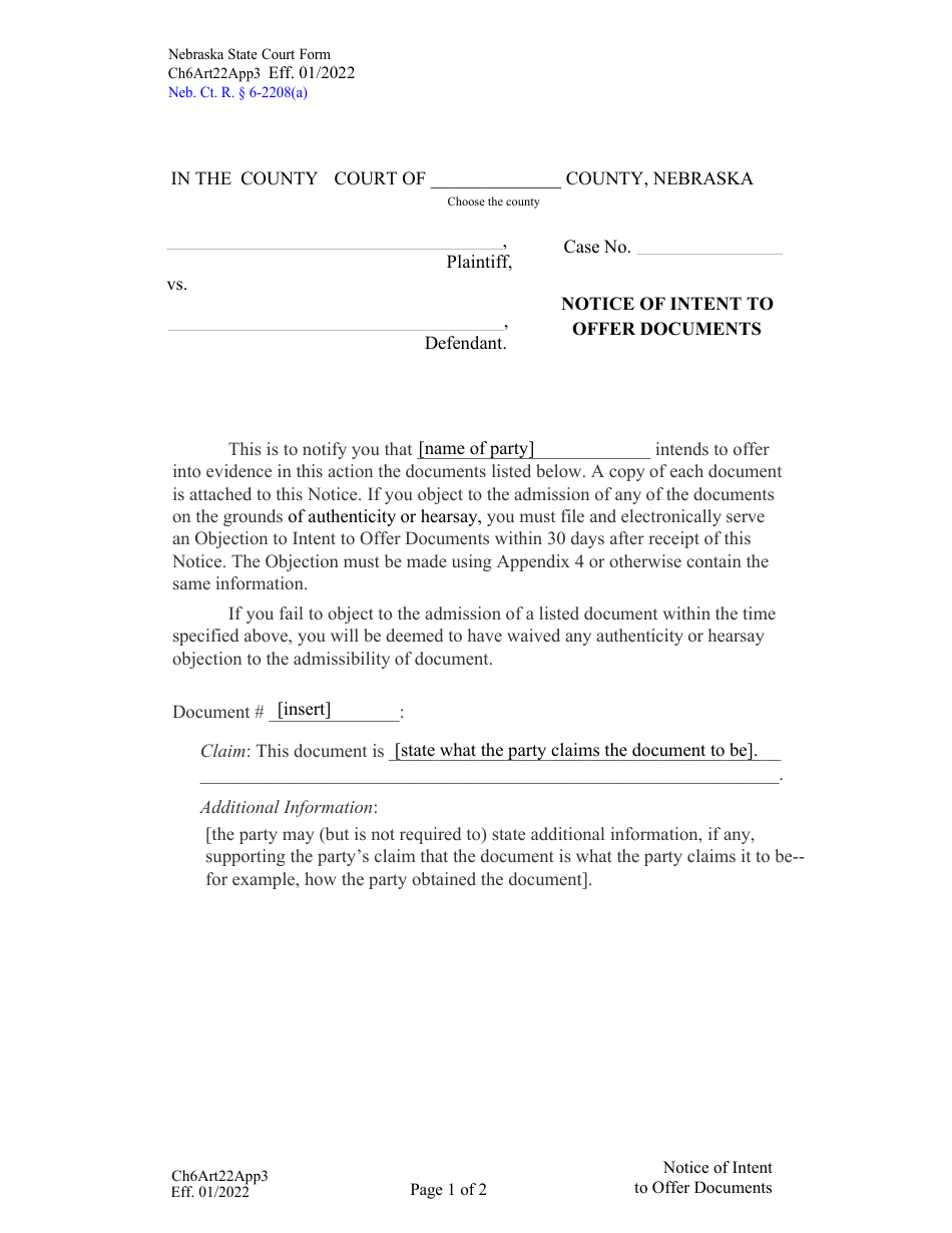 Form CH6ART22APP3 Notice of Intent to Offer Documents - Nebraska, Page 1