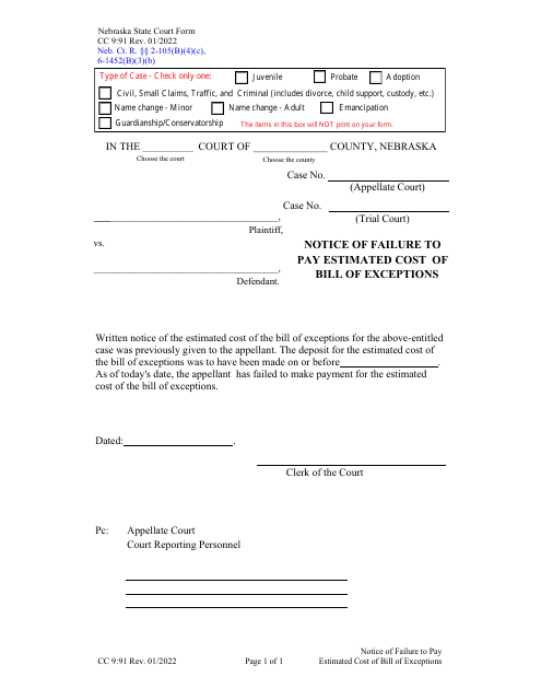 Form CC9:91 Notice of Failure to Pay Estimated Cost of Bill of Exceptions - Nebraska