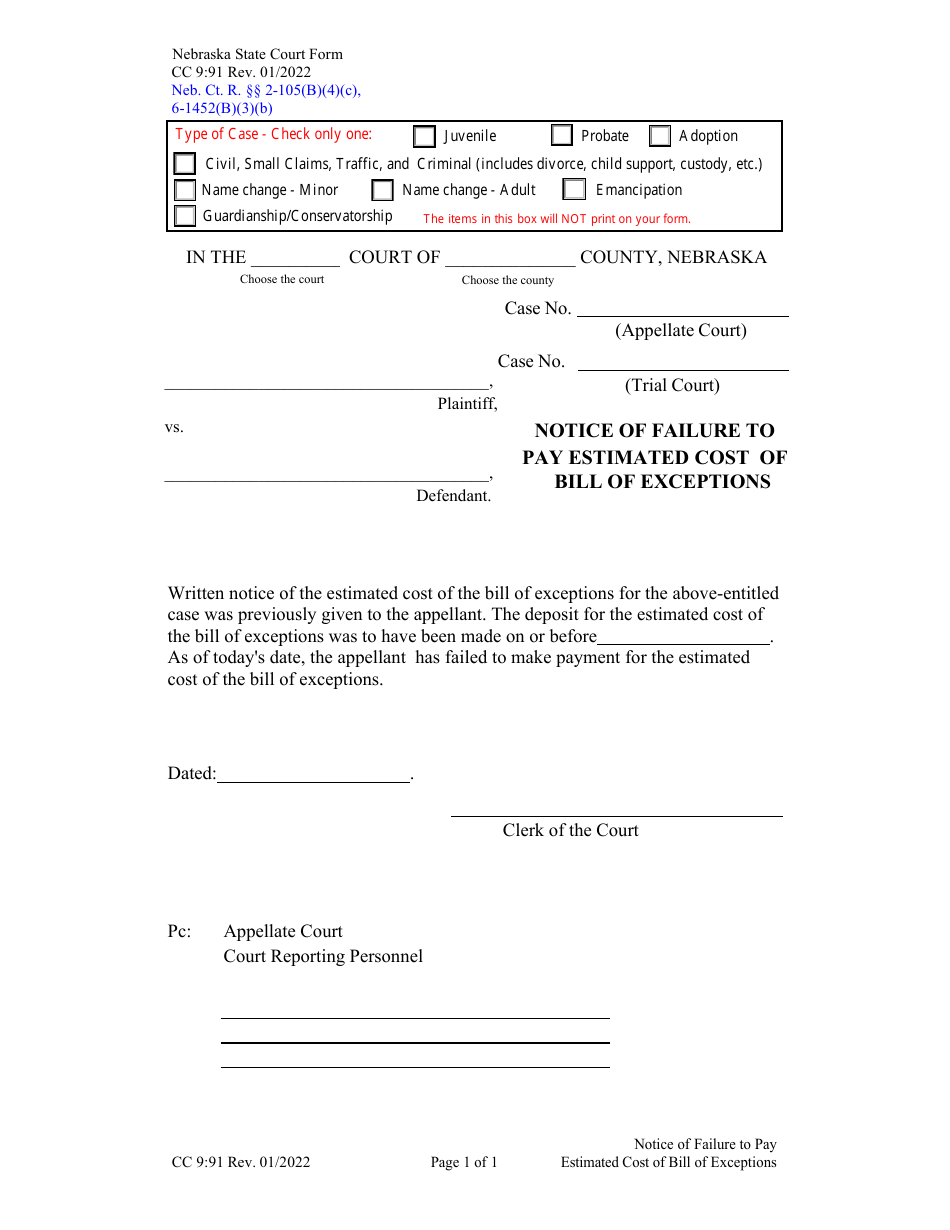 Form CC9:91 Notice of Failure to Pay Estimated Cost of Bill of Exceptions - Nebraska, Page 1