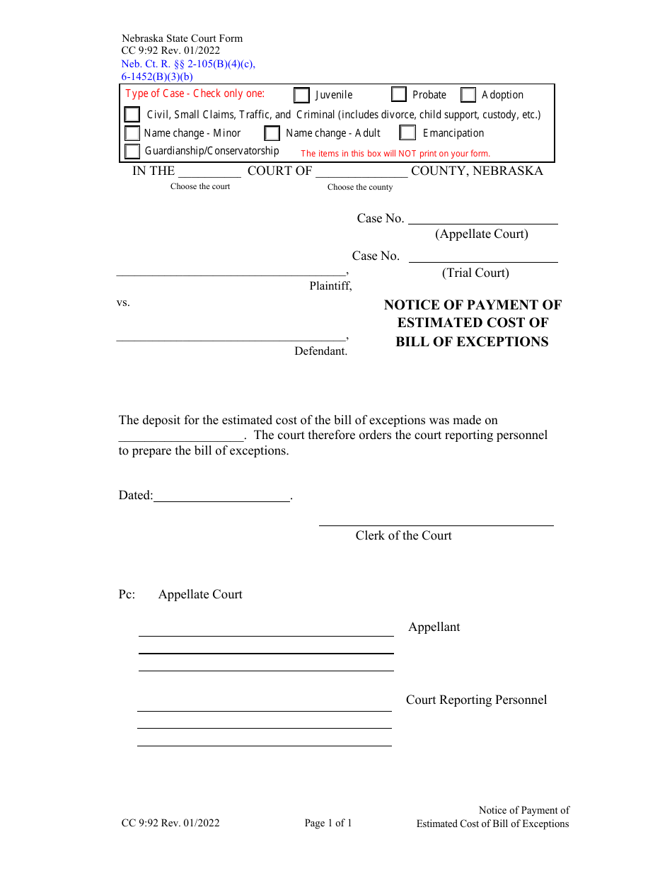 Form CC9:92 Notice of Payment of Estimated Cost of Bill of Exceptions - Nebraska, Page 1