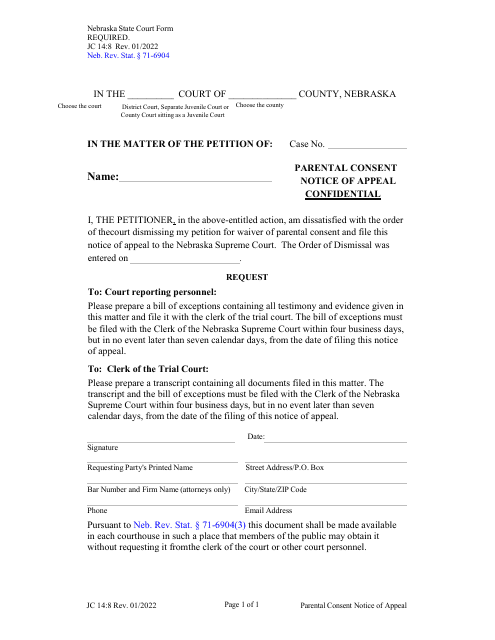Form JC14:8 Parental Consent Notice of Appeal - Nebraska