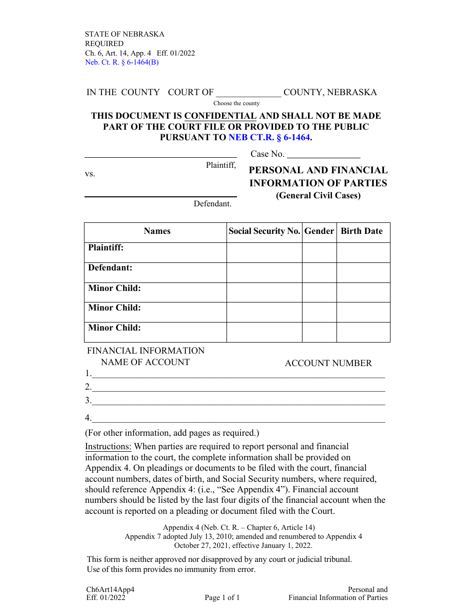 Form CH6ART14 Appendix 4 Personal and Financial Information of Parties (General Civil Cases) - Nebraska, Page 1