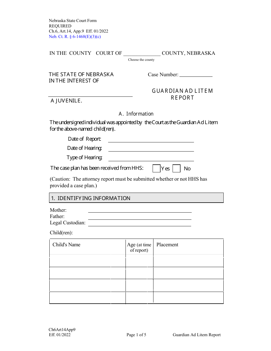 Form CH6ART14 Appendix 9 Guardian Ad Litem Report - Nebraska, Page 1