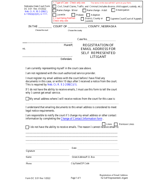 Form DC3:01 Registration of Email Address for Self Represented Litigant - Nebraska