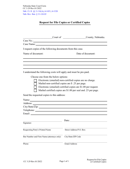 Form CC3:29 Request for File Copies or Certified Copies - Nebraska