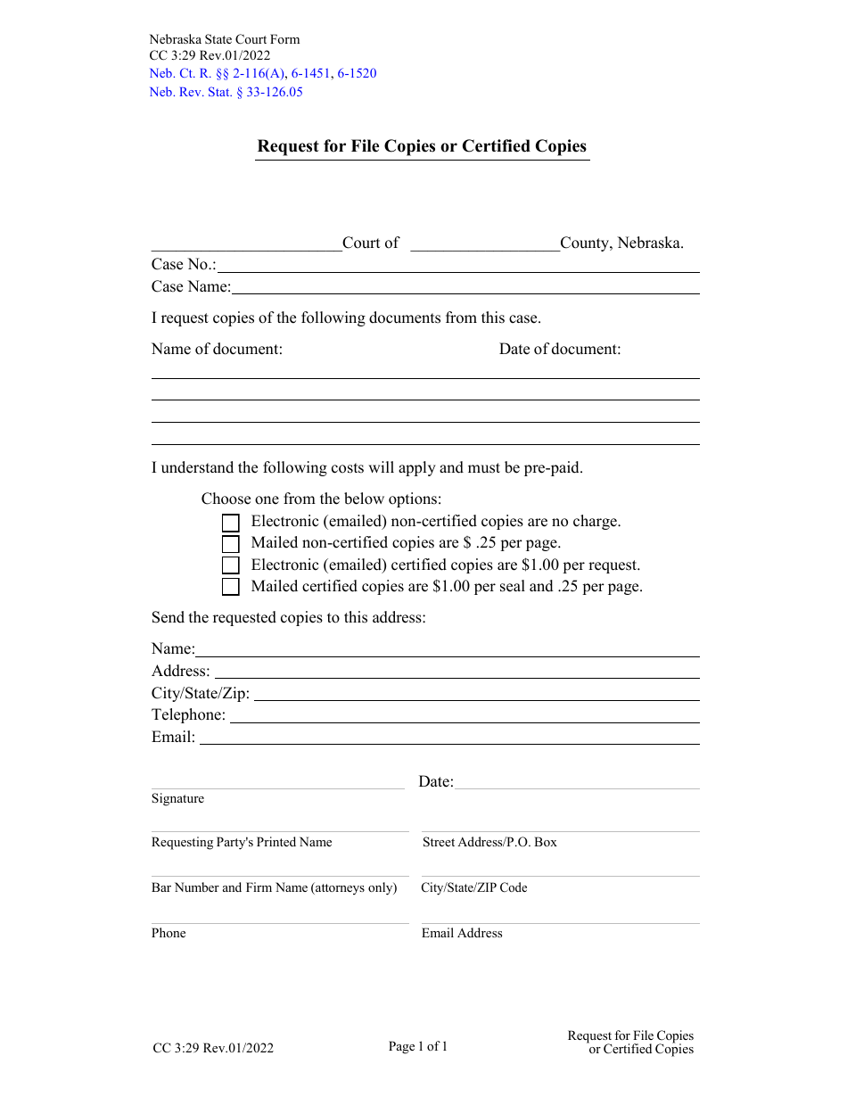 Form CC3:29 Request for File Copies or Certified Copies - Nebraska, Page 1